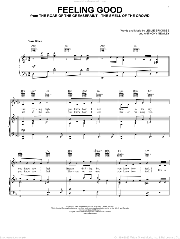 Feeling Good sheet music for voice, piano or guitar by Michael Buble, Anthony Newley and Leslie Bricusse, intermediate skill level