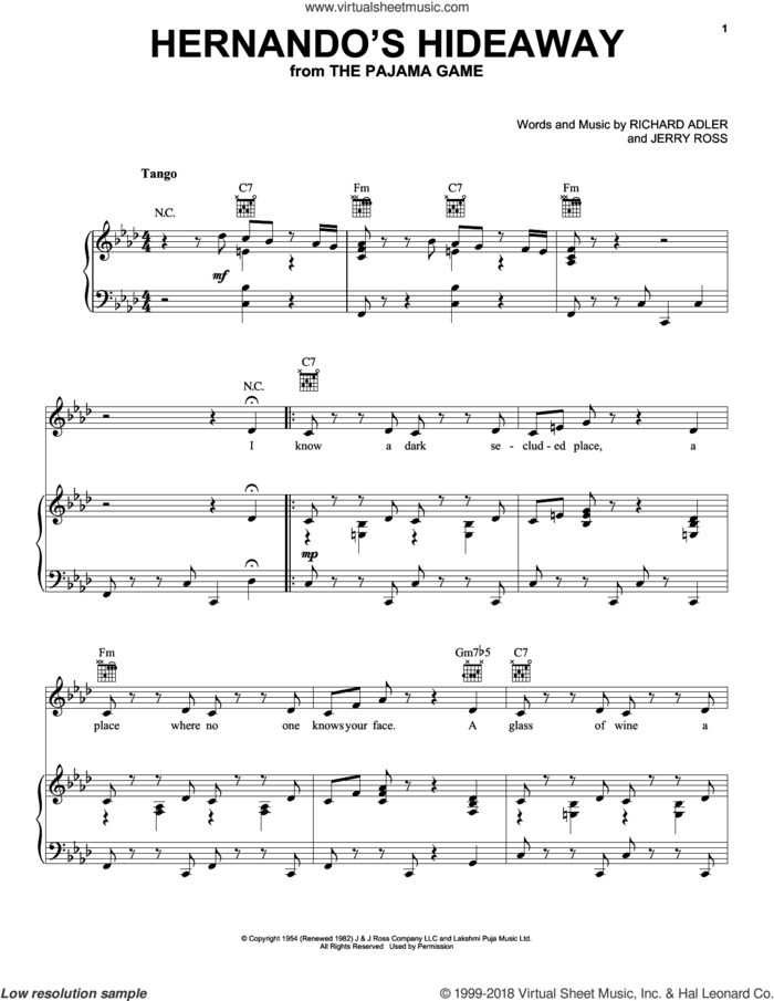 Hernando's Hideaway sheet music for voice, piano or guitar by Richard Adler and Jerry Ross, intermediate skill level