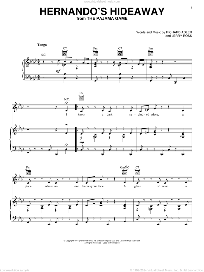 Hernando's Hideaway sheet music for voice, piano or guitar by Richard Adler and Jerry Ross, intermediate skill level