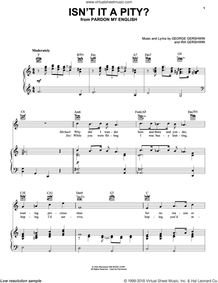 Isn't It A Pity? sheet music for voice, piano or guitar by Barbra Streisand, George Gershwin and Ira Gershwin, intermediate skill level