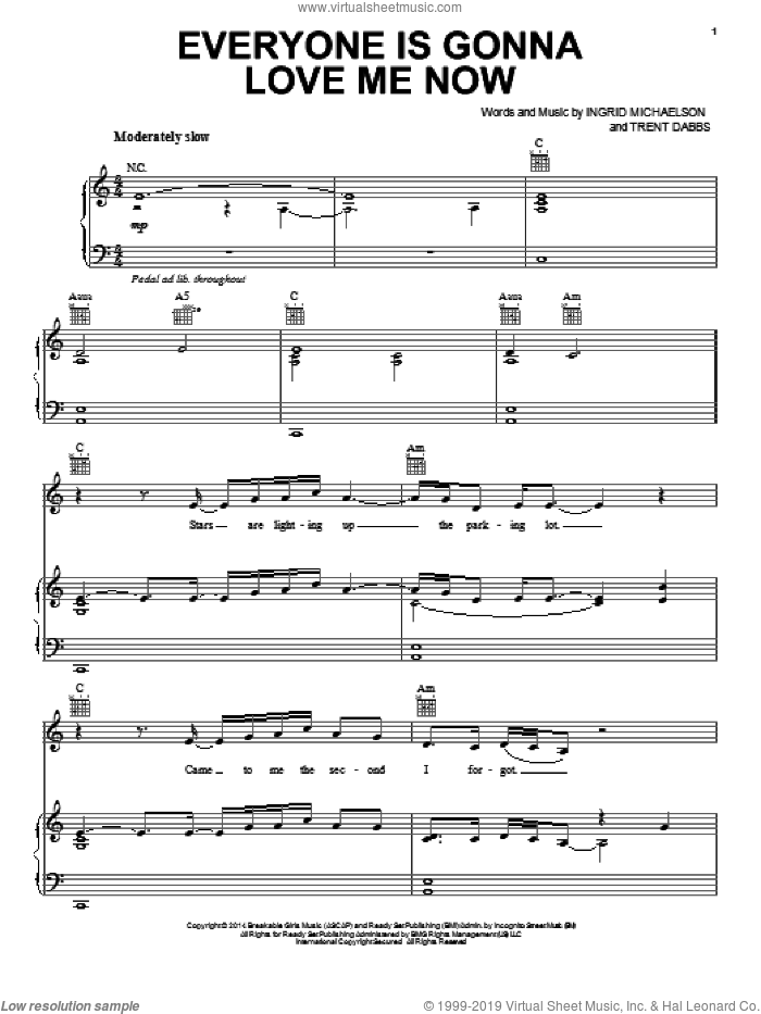 Everyone Is Gonna Love Me Now sheet music for voice, piano or guitar by Ingrid Michaelson and Trent Dabbs, intermediate skill level