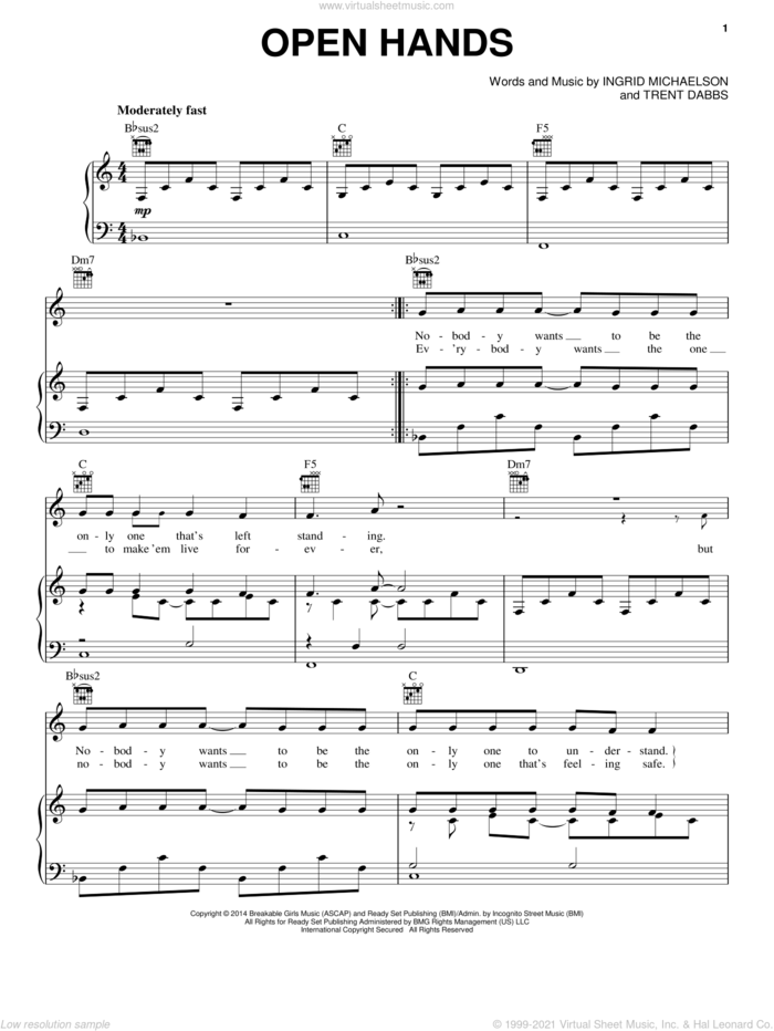 Open Hands sheet music for voice, piano or guitar by Ingrid Michaelson and Trent Dabbs, intermediate skill level