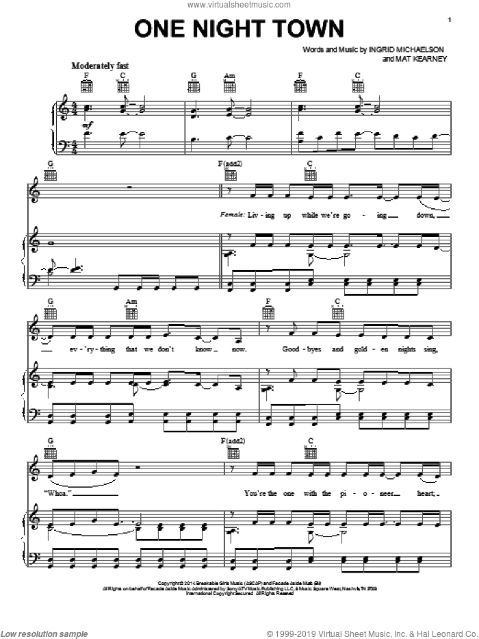 One Night Town sheet music for voice, piano or guitar by Ingrid Michaelson and Mat Kearney, intermediate skill level