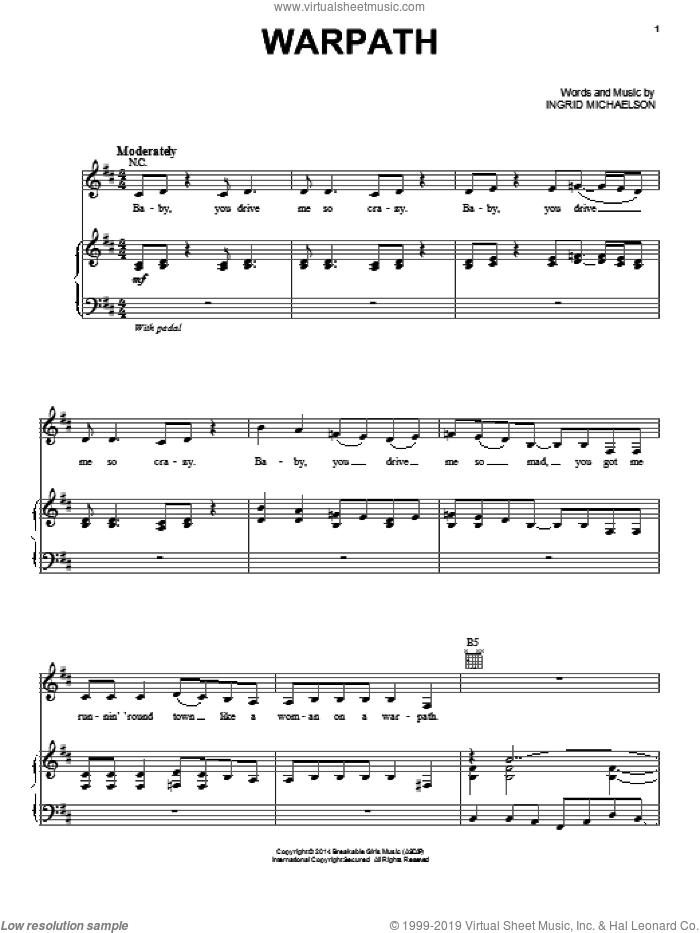 Warpath sheet music for voice, piano or guitar by Ingrid Michaelson, intermediate skill level