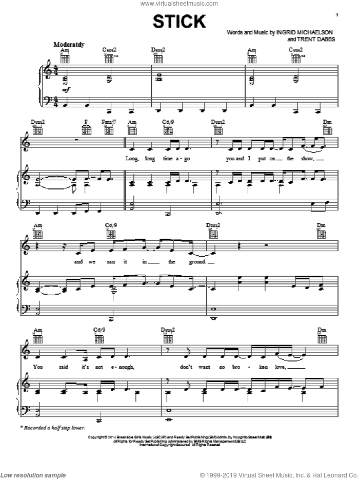 Stick sheet music for voice, piano or guitar by Ingrid Michaelson and Trent Dabbs, intermediate skill level