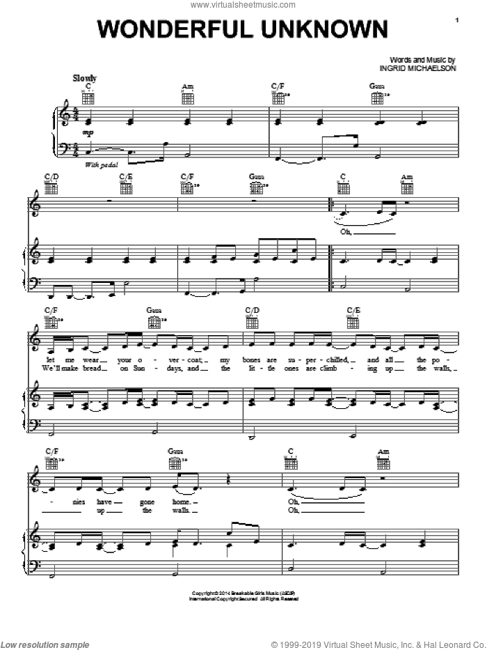 Wonderful Unknown sheet music for voice, piano or guitar by Ingrid Michaelson, intermediate skill level
