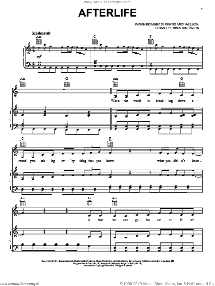 Afterlife sheet music for voice, piano or guitar by Ingrid Michaelson, Adam Pallin and Brian Lee, intermediate skill level