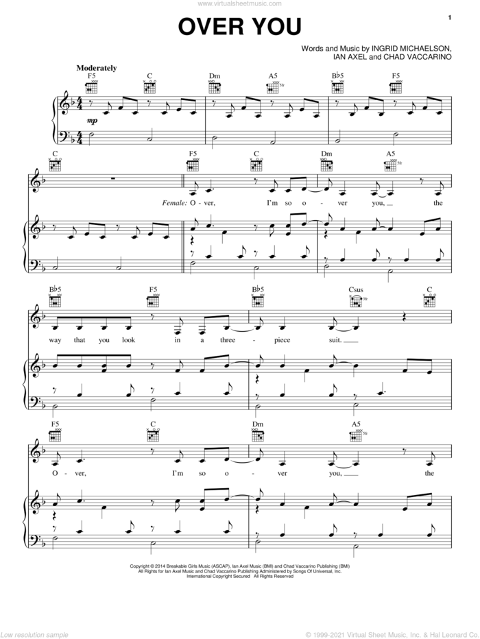 Over You sheet music for voice, piano or guitar by Ingrid Michaelson, Chad Vaccarino and Ian Axel, intermediate skill level