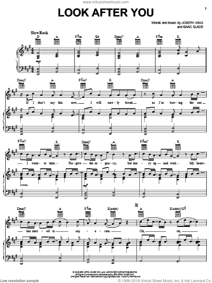 Look After You sheet music for voice, piano or guitar by The Fray, Isaac Slade and Joseph King, intermediate skill level