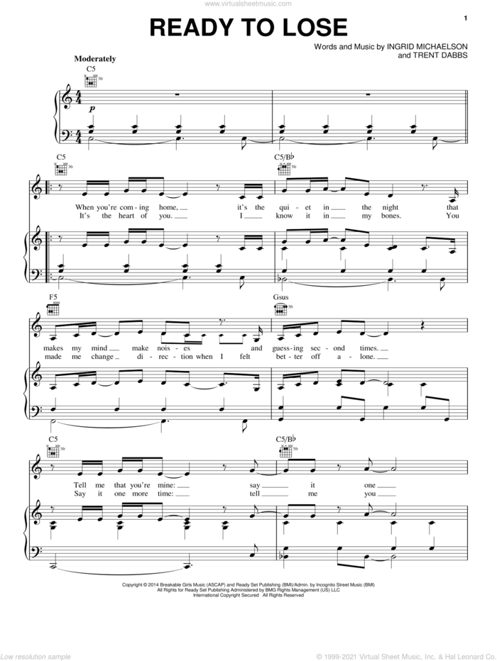 Ready To Lose sheet music for voice, piano or guitar by Ingrid Michaelson and Trent Dabbs, intermediate skill level