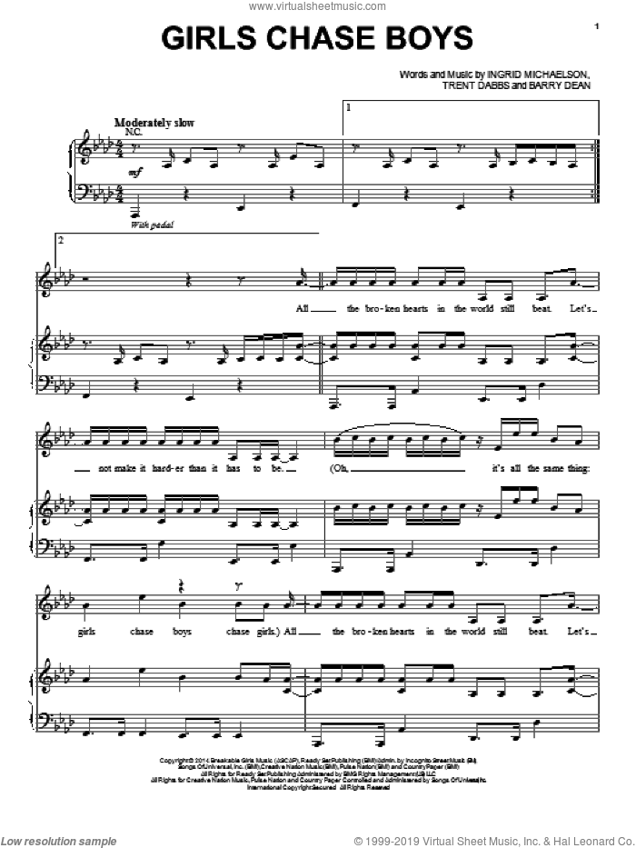 Girls Chase Boys sheet music for voice, piano or guitar by Ingrid Michaelson, Barry Dean and Trent Dabbs, intermediate skill level