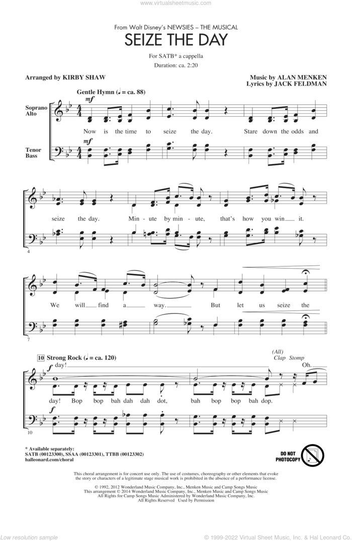 Seize The Day (from Newsies The Musical) (arr. Kirby Shaw) sheet music for choir (SATB: soprano, alto, tenor, bass) by Alan Menken, Jack Feldman and Kirby Shaw, intermediate skill level