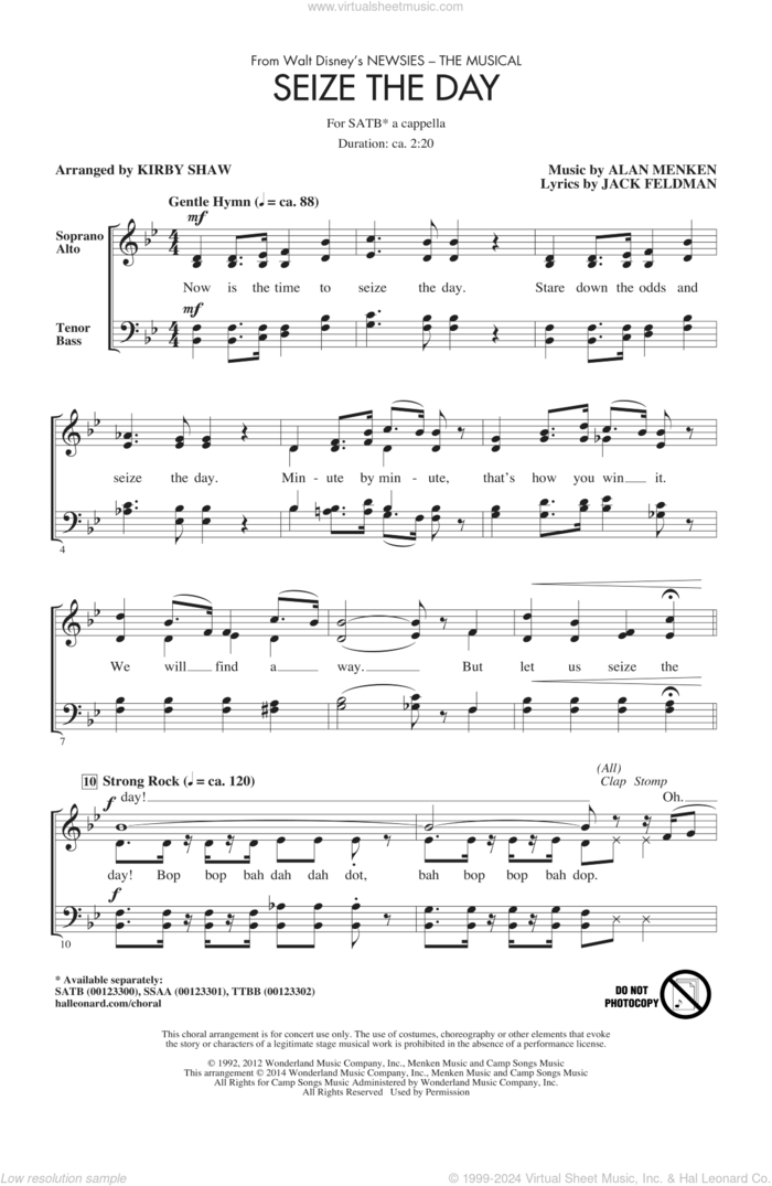 Seize The Day (from Newsies The Musical) (arr. Kirby Shaw) sheet music for choir (SATB: soprano, alto, tenor, bass) by Alan Menken & Jack Feldman, Alan Menken, Jack Feldman and Kirby Shaw, intermediate skill level