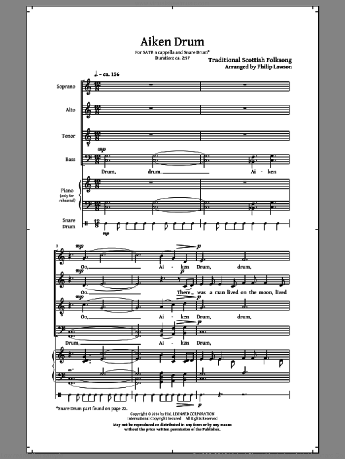 Aiken Drum sheet music for choir (SATB: soprano, alto, tenor, bass) by Philip Lawson, intermediate skill level