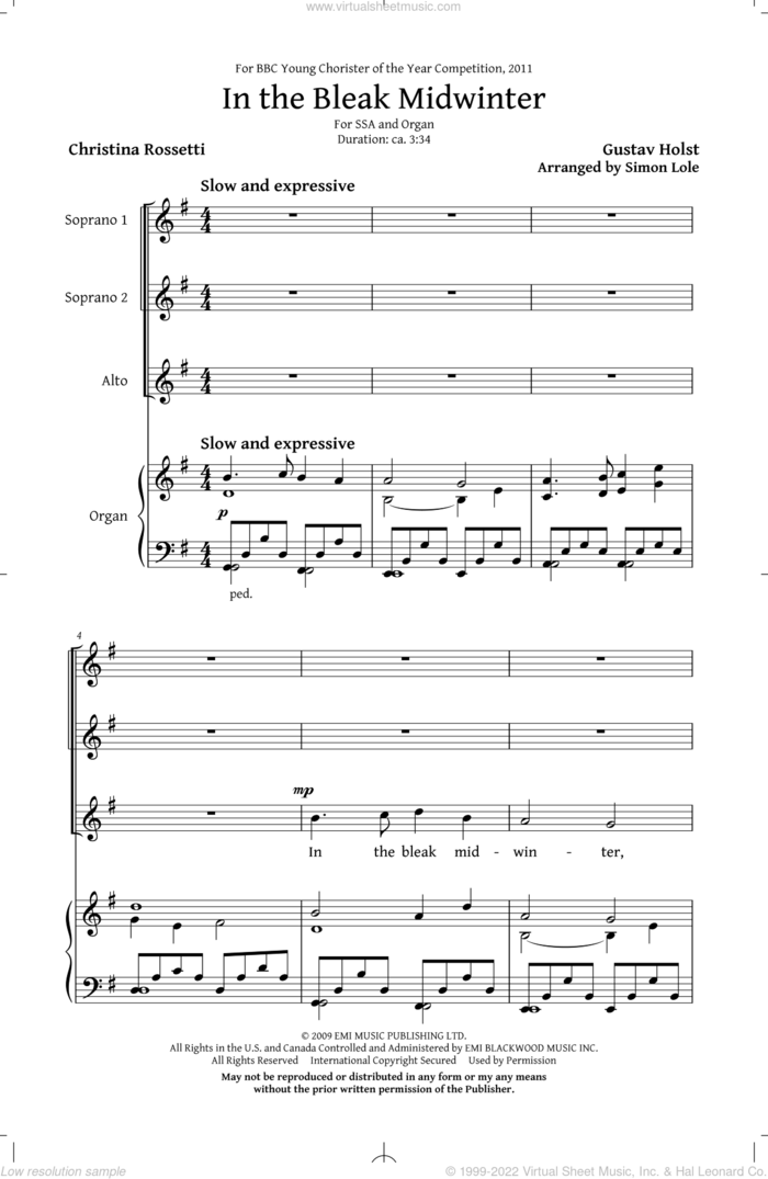 In The Bleak Midwinter sheet music for choir (SSA: soprano, alto) by Gustav Holst, Christina Rossetti and Simon Lole, intermediate skill level