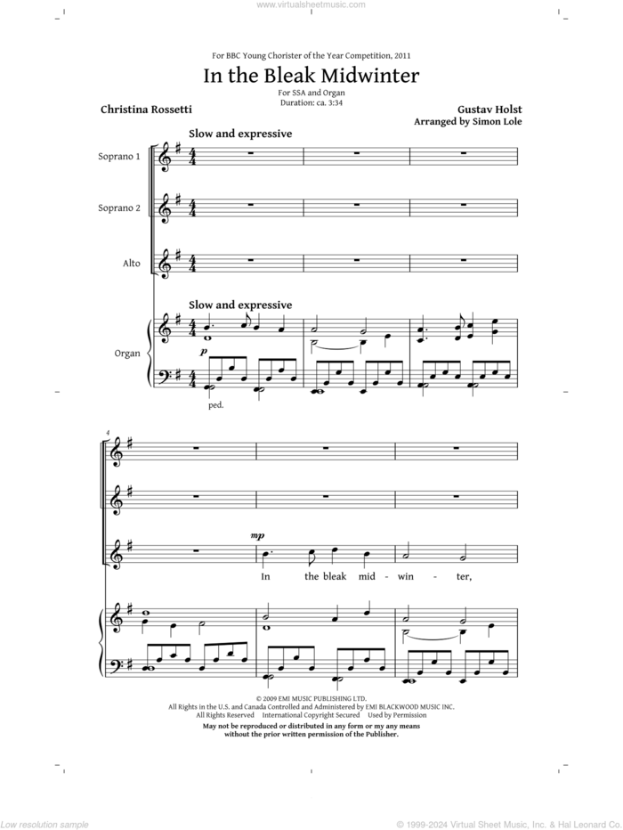 In The Bleak Midwinter sheet music for choir (SSA: soprano, alto) by Gustav Holst, Christina Rossetti and Simon Lole, intermediate skill level