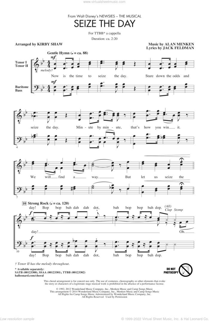 Seize The Day (from Newsies The Musical) (arr. Kirby Shaw) sheet music for choir (TTBB: tenor, bass) by Alan Menken, Alan Menken & Jack Feldman, Jack Feldman and Kirby Shaw, intermediate skill level
