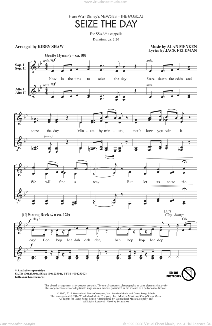 Seize The Day (from Newsies The Musical) (arr. Kirby Shaw) sheet music for choir (SSA: soprano, alto) by Alan Menken & Jack Feldman, Alan Menken, Jack Feldman and Kirby Shaw, intermediate skill level