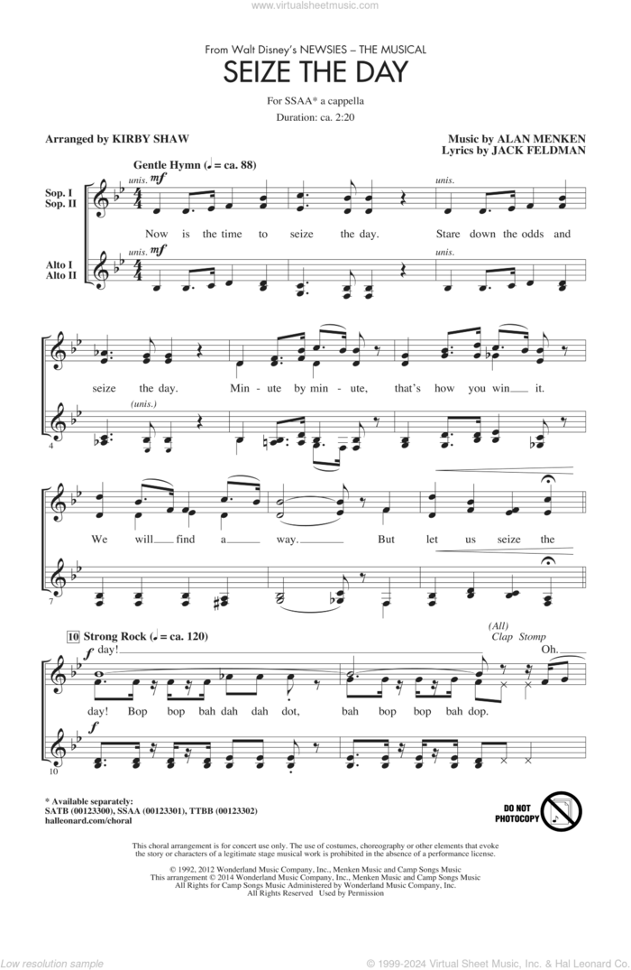 Seize The Day (from Newsies The Musical) (arr. Kirby Shaw) sheet music for choir (SSA: soprano, alto) by Alan Menken & Jack Feldman, Alan Menken, Jack Feldman and Kirby Shaw, intermediate skill level