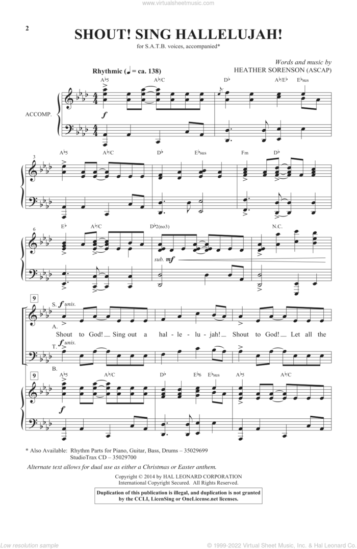 Shout! Sing Hallelujah sheet music for choir (SATB: soprano, alto, tenor, bass) by Heather Sorenson, intermediate skill level