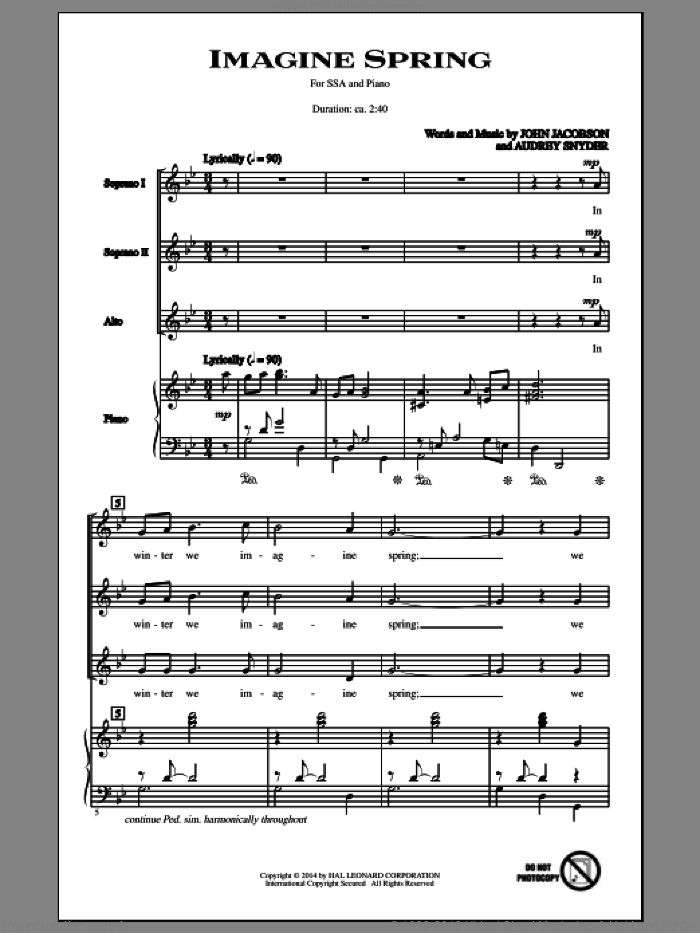 Imagine Spring sheet music for choir (SSA: soprano, alto) by Audrey Snyder and John Jacobson, intermediate skill level