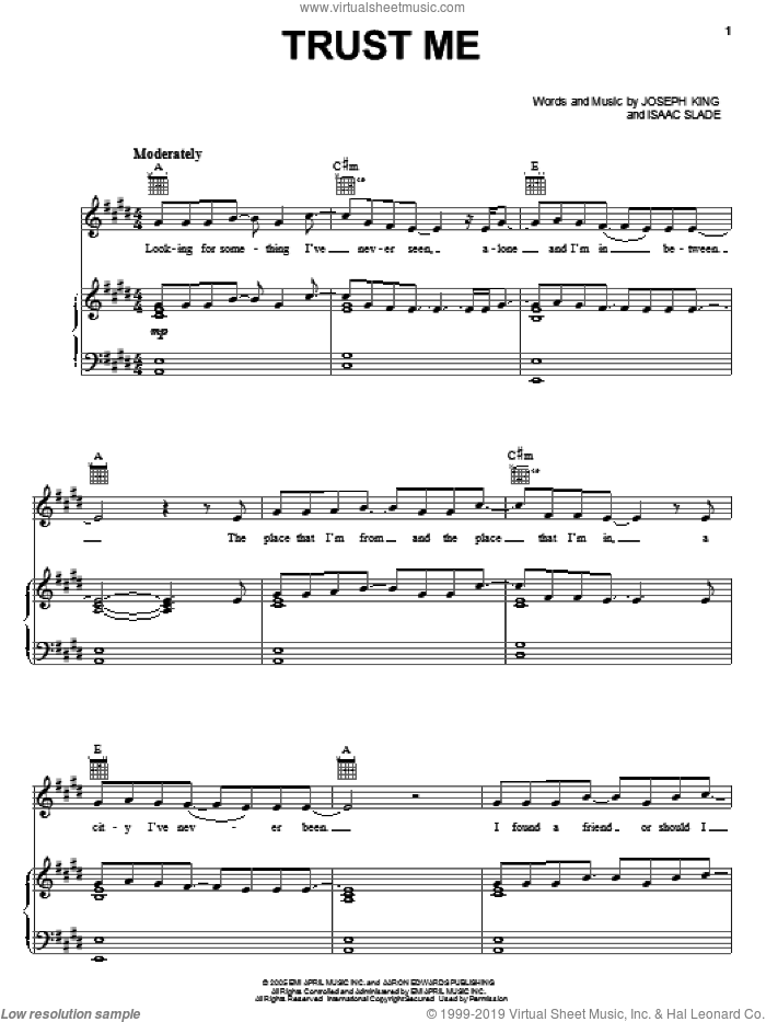 Trust Me sheet music for voice, piano or guitar by The Fray, Isaac Slade and Joseph King, intermediate skill level