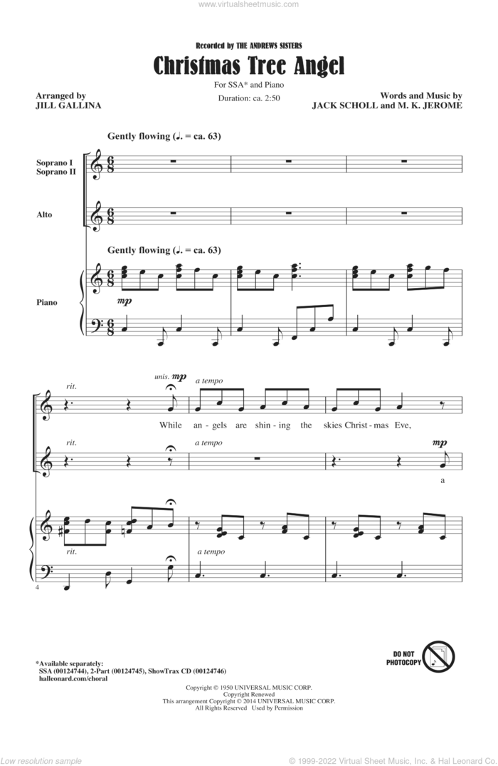 Christmas Tree Angel sheet music for choir (SSA: soprano, alto) by Jill Gallina, Andrews Sisters, The Andrews Sisters, Jack Scholl and M. K. Jerome, intermediate skill level
