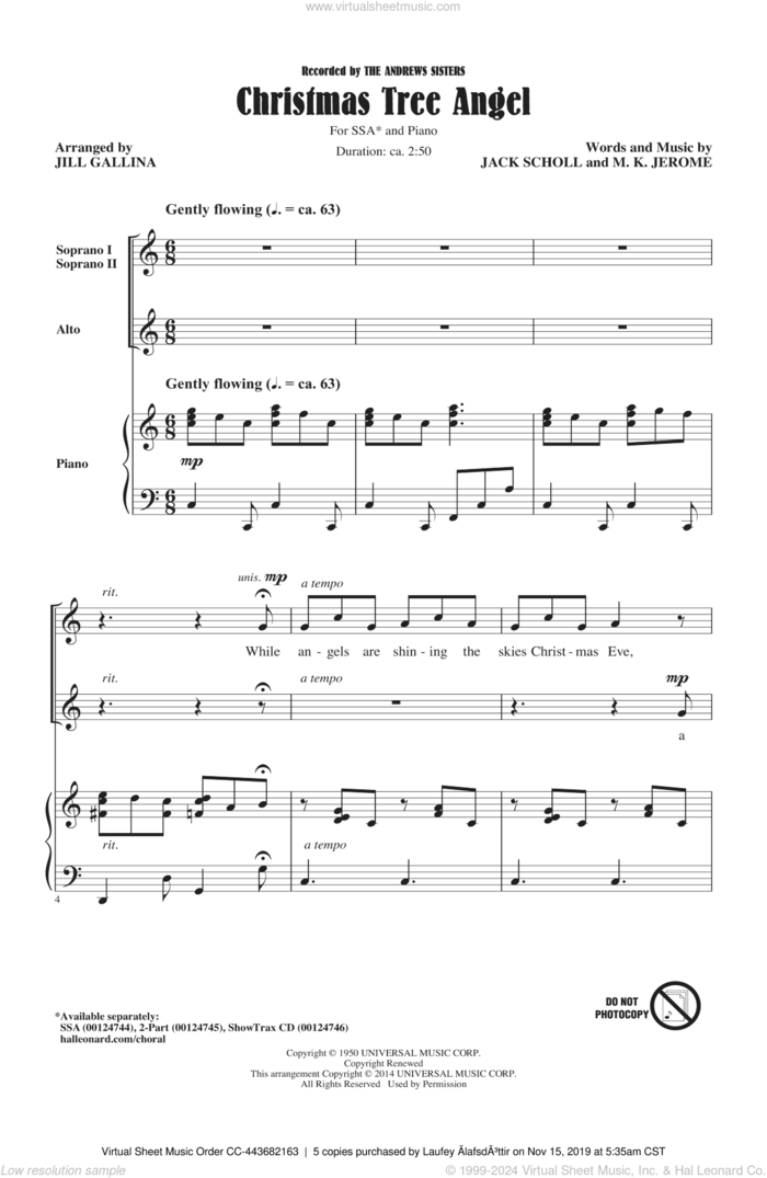 Christmas Tree Angel sheet music for choir (SSA: soprano, alto) by Jill Gallina, Andrews Sisters, The Andrews Sisters, Jack Scholl and M. K. Jerome, intermediate skill level