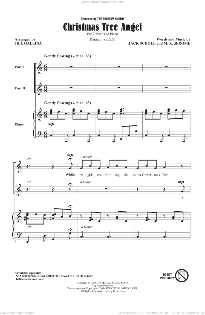 Christmas Tree Angel sheet music for choir (2-Part) by Jill Gallina, Andrews Sisters, The Andrews Sisters, Jack Scholl and M. K. Jerome, intermediate duet