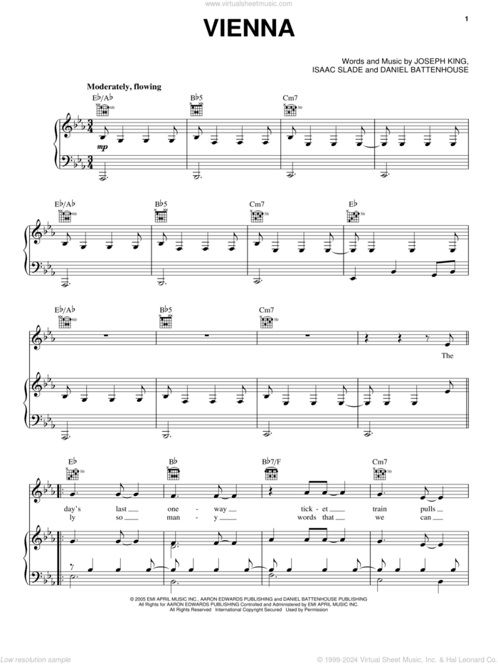 Vienna sheet music for voice, piano or guitar by The Fray, Daniel Battenhouse, Isaac Slade and Joseph King, intermediate skill level