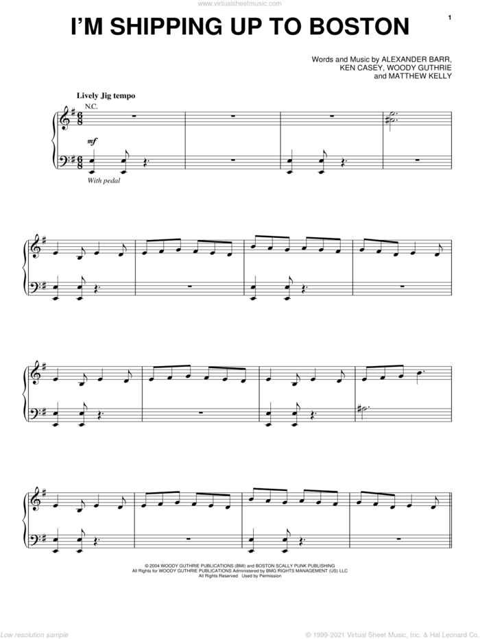 I'm Shipping Up To Boston sheet music for voice, piano or guitar by Dropkick Murphys, Alexander Barr, Ken Casey, Matthew Kelly and Woody Guthrie, intermediate skill level