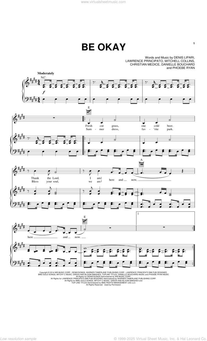 Be Okay sheet music for voice, piano or guitar by Oh Honey, Christian Medice, Danielle Bouchard, Denis Lipari, Lawrence Principato, Mitchell Collins and Phoebe Ryan, intermediate skill level