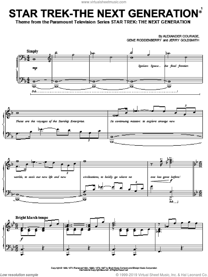 Star Trek - The Next Generation sheet music for voice, piano or guitar by Gene Roddenberry, Star Trek(R), Alexander Courage and Jerry Goldsmith, intermediate skill level