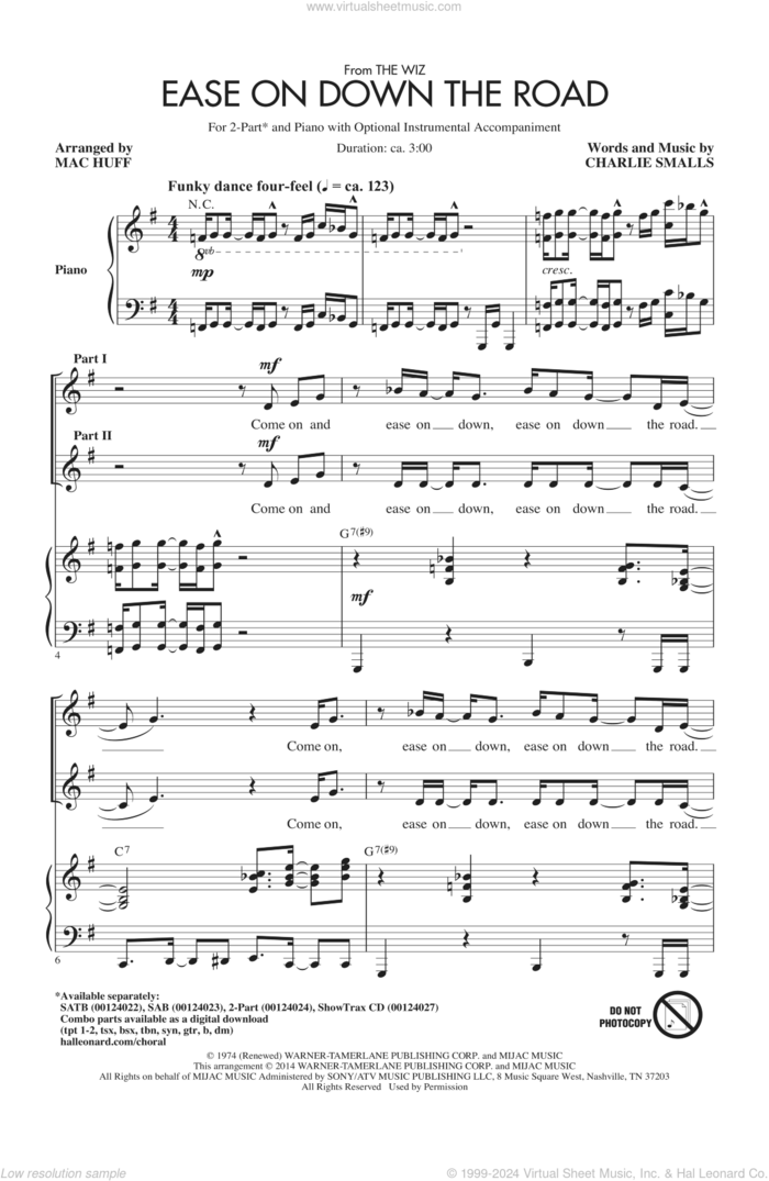 Ease On Down The Road sheet music for choir (2-Part) by Mac Huff and Charlie Smalls, intermediate duet