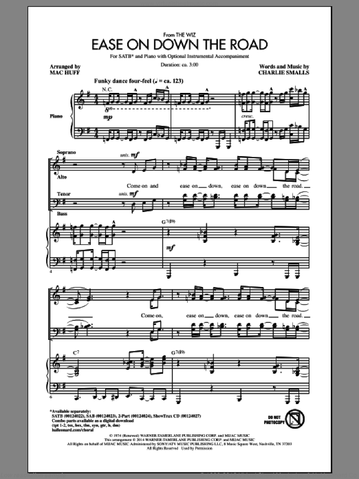 Ease On Down The Road sheet music for choir (SATB: soprano, alto, tenor, bass) by Mac Huff and Charlie Smalls, intermediate skill level