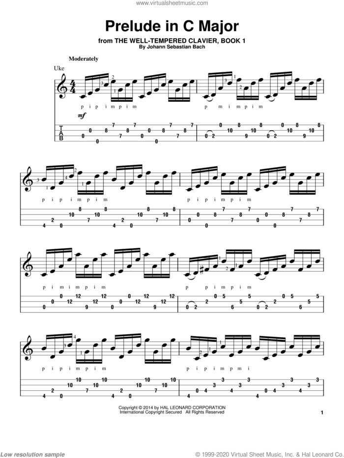 Prelude in C Major sheet music for ukulele by Johann Sebastian Bach, classical score, intermediate skill level