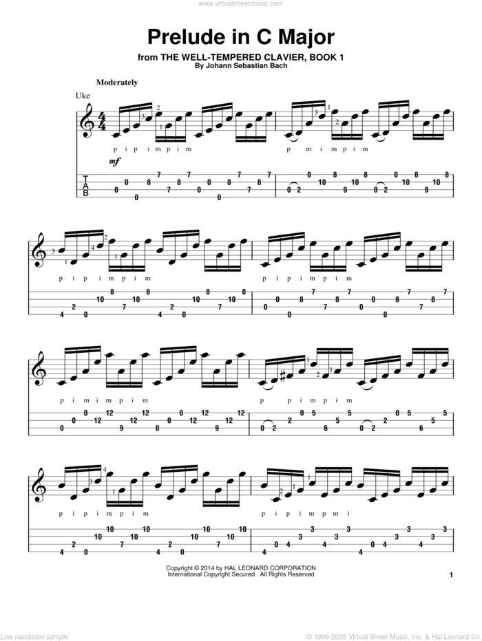 Prelude in C Major sheet music for ukulele by Johann Sebastian Bach, classical score, intermediate skill level