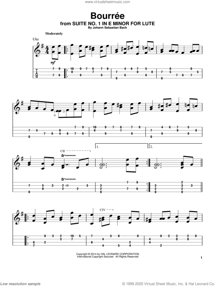 Bourree sheet music for ukulele by Johann Sebastian Bach, classical score, intermediate skill level