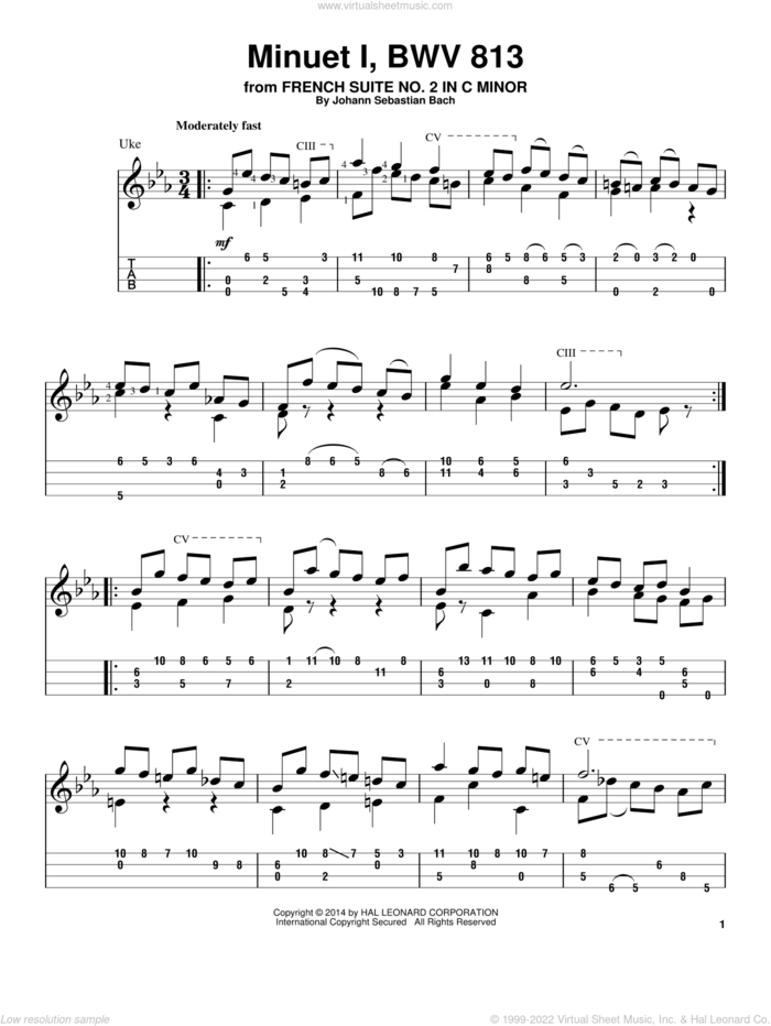 Minuet 1, BWV 813 sheet music for ukulele by Johann Sebastian Bach, classical score, intermediate skill level