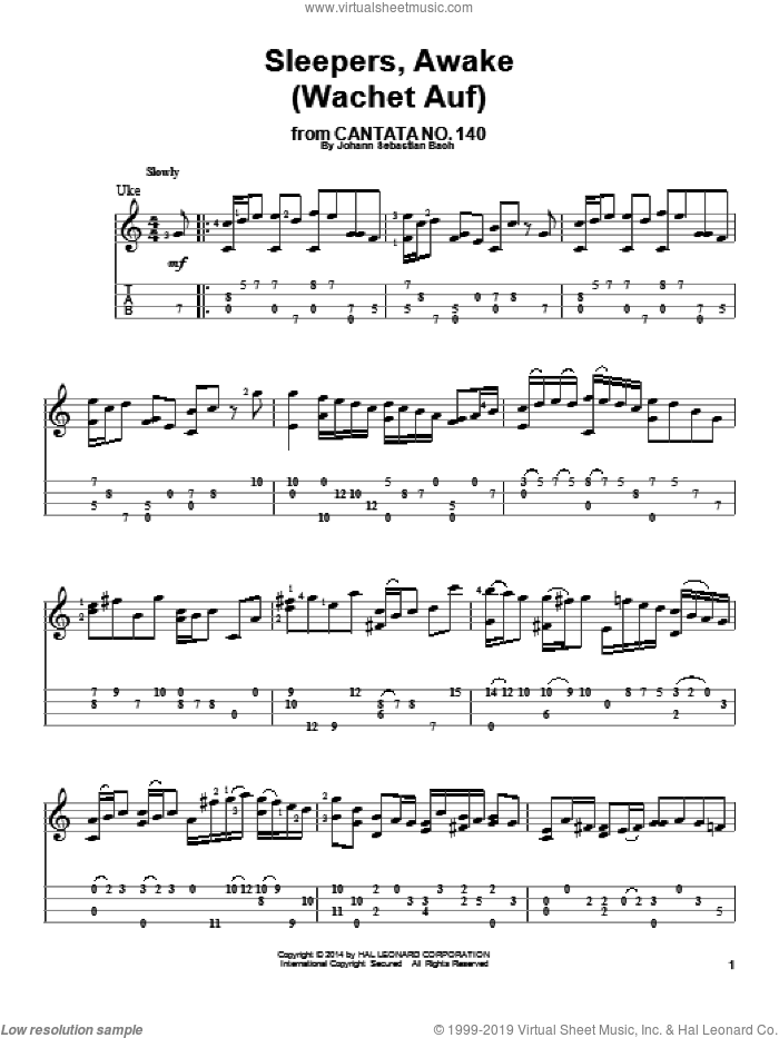 Sleepers, Awake (Wachet Auf) sheet music for ukulele by Johann Sebastian Bach, classical score, intermediate skill level