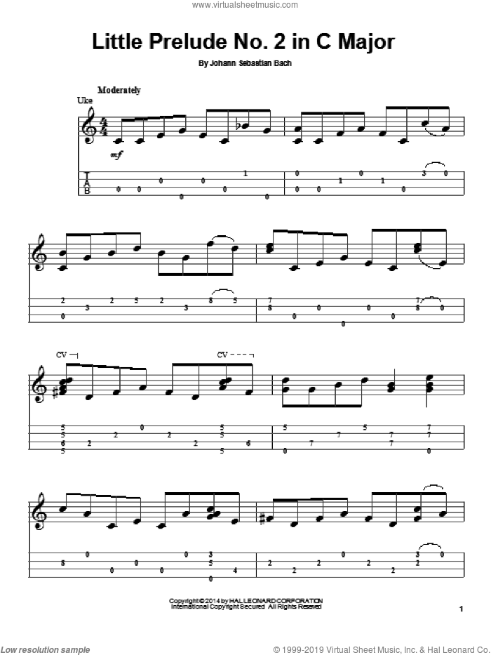 Little Prelude No. 2 in C Major sheet music for ukulele by Johann Sebastian Bach, classical score, intermediate skill level