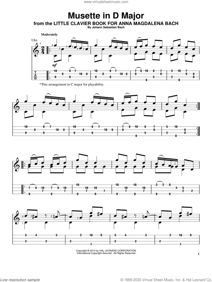 Musette in D Major sheet music for ukulele by Johann Sebastian Bach, classical score, intermediate skill level
