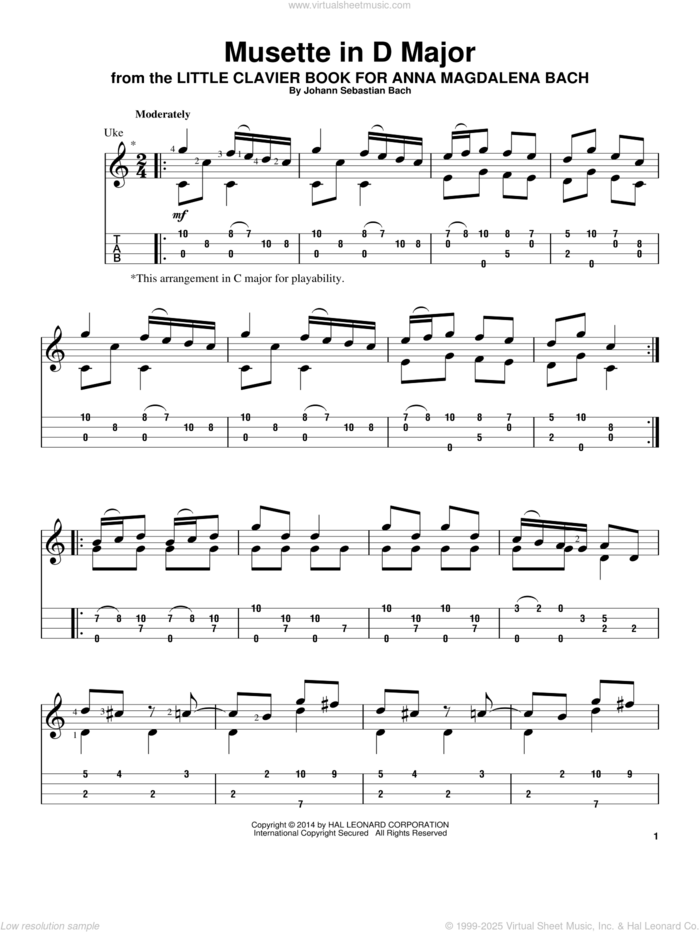 Musette in D Major sheet music for ukulele by Johann Sebastian Bach, classical score, intermediate skill level