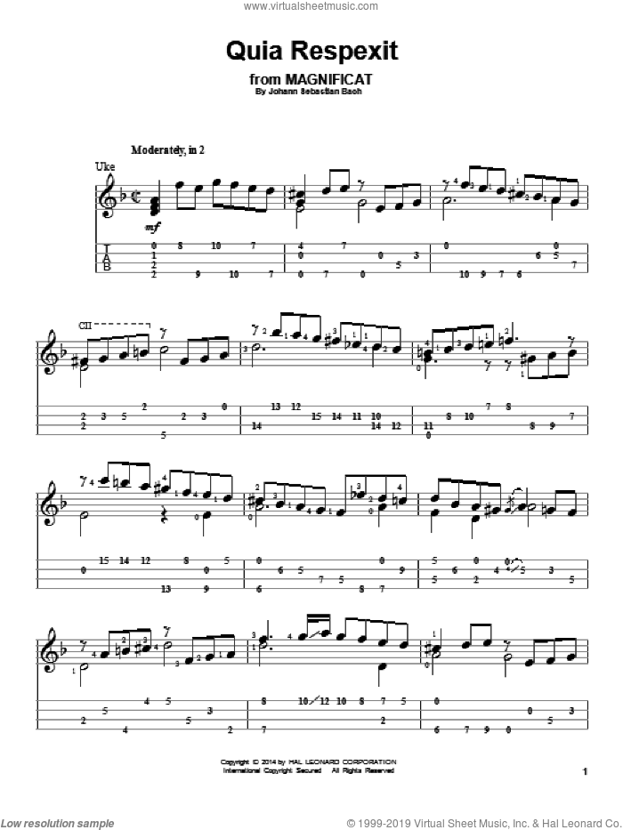 Quia Respexit sheet music for ukulele by Johann Sebastian Bach, classical score, intermediate skill level