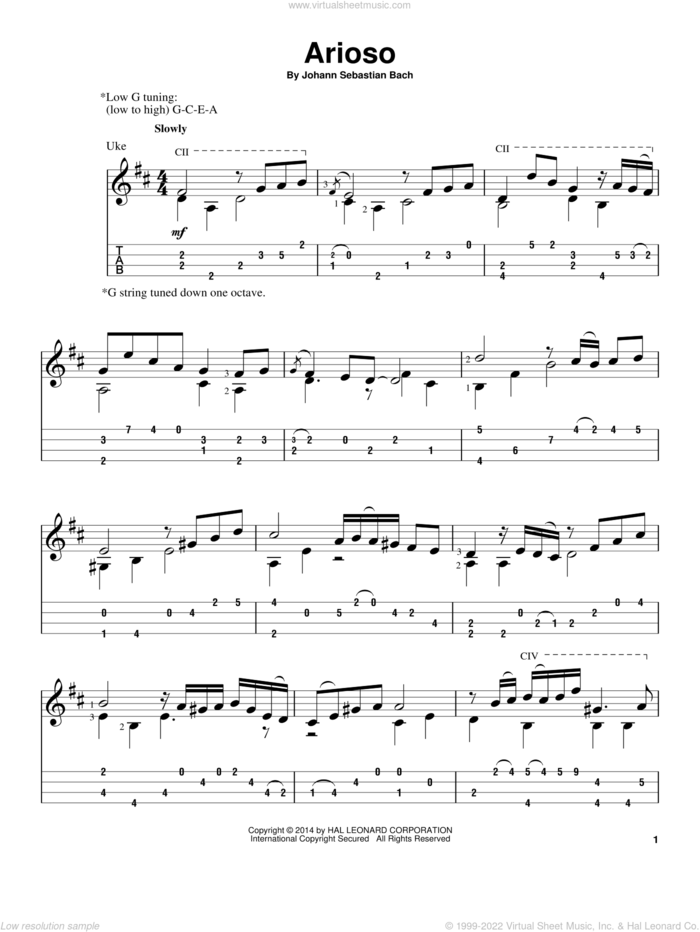Arioso sheet music for ukulele by Johann Sebastian Bach, classical score, intermediate skill level