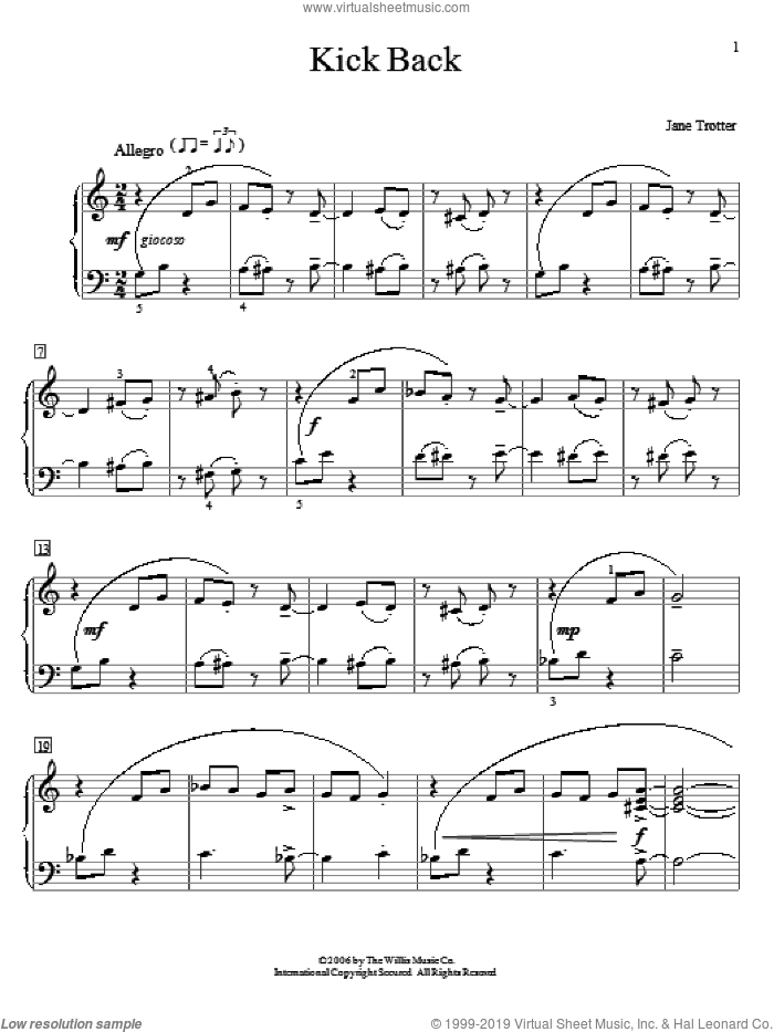 Kick Back sheet music for piano solo (elementary) by Jane Trotter, beginner piano (elementary)