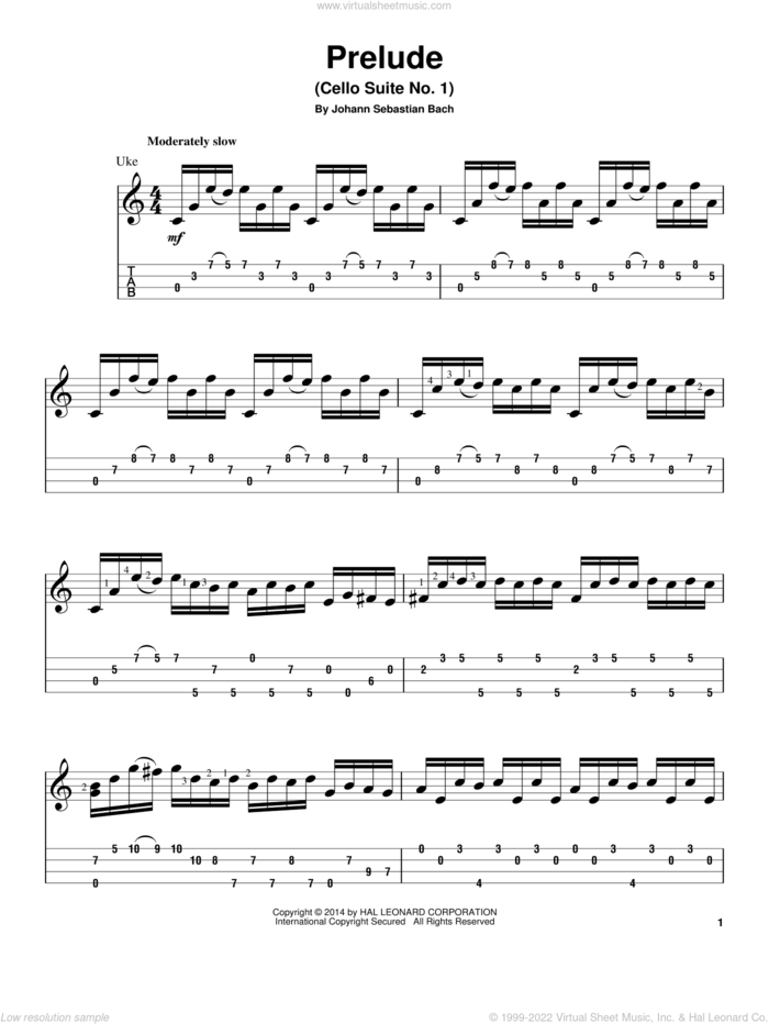 Prelude (Cello Suite No. 1) sheet music for ukulele by Johann Sebastian Bach, classical wedding score, intermediate skill level