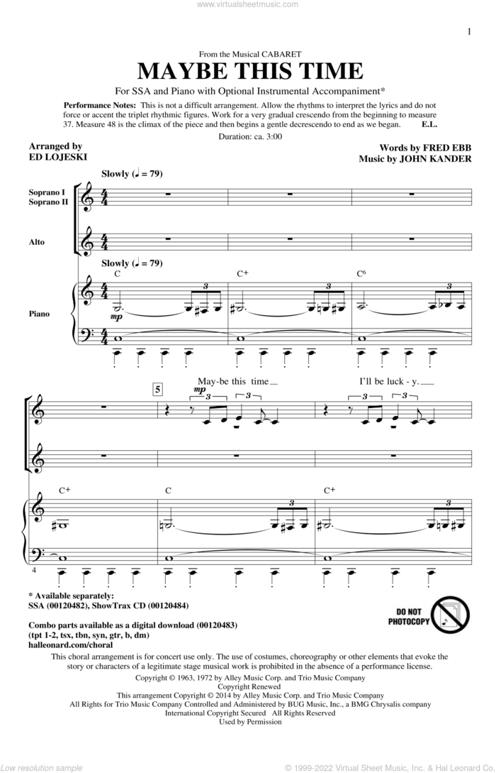 Maybe This Time (arr. Ed Lojeski) sheet music for choir (SSA: soprano, alto) by Glee Cast, Kander & Ebb, Ed Lojeski, Fred Ebb and John Kander, intermediate skill level