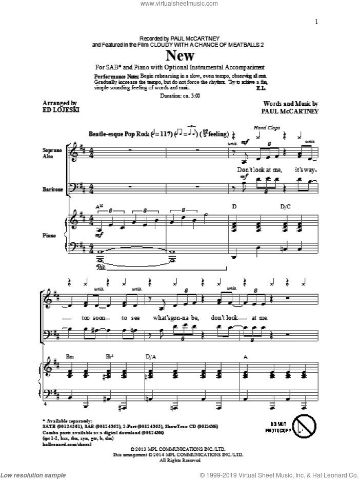 New sheet music for choir (SAB: soprano, alto, bass) by Paul McCartney and Ed Lojeski, intermediate skill level