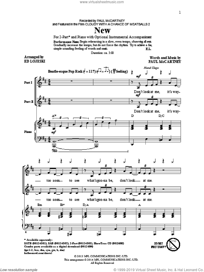New sheet music for choir (2-Part) by Paul McCartney and Ed Lojeski, intermediate duet